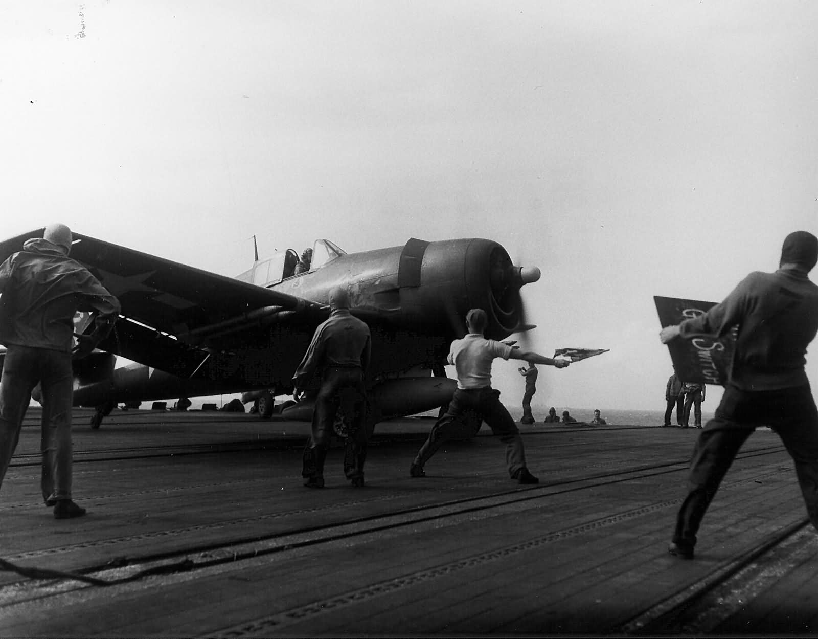 F6F-5 Hellcat of VF-7 on the flight deck of the carrier USS Hancock CV-19 January 12, 1945