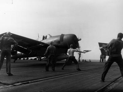 F6F-5 Hellcat of VF-7 on the flight deck of the carrier USS Hancock CV-19 January 12, 1945