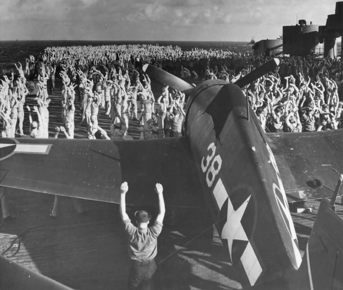 F6F-3 Hellcat 38. Crew during morning exercises at sea USS Yorktown CV-10