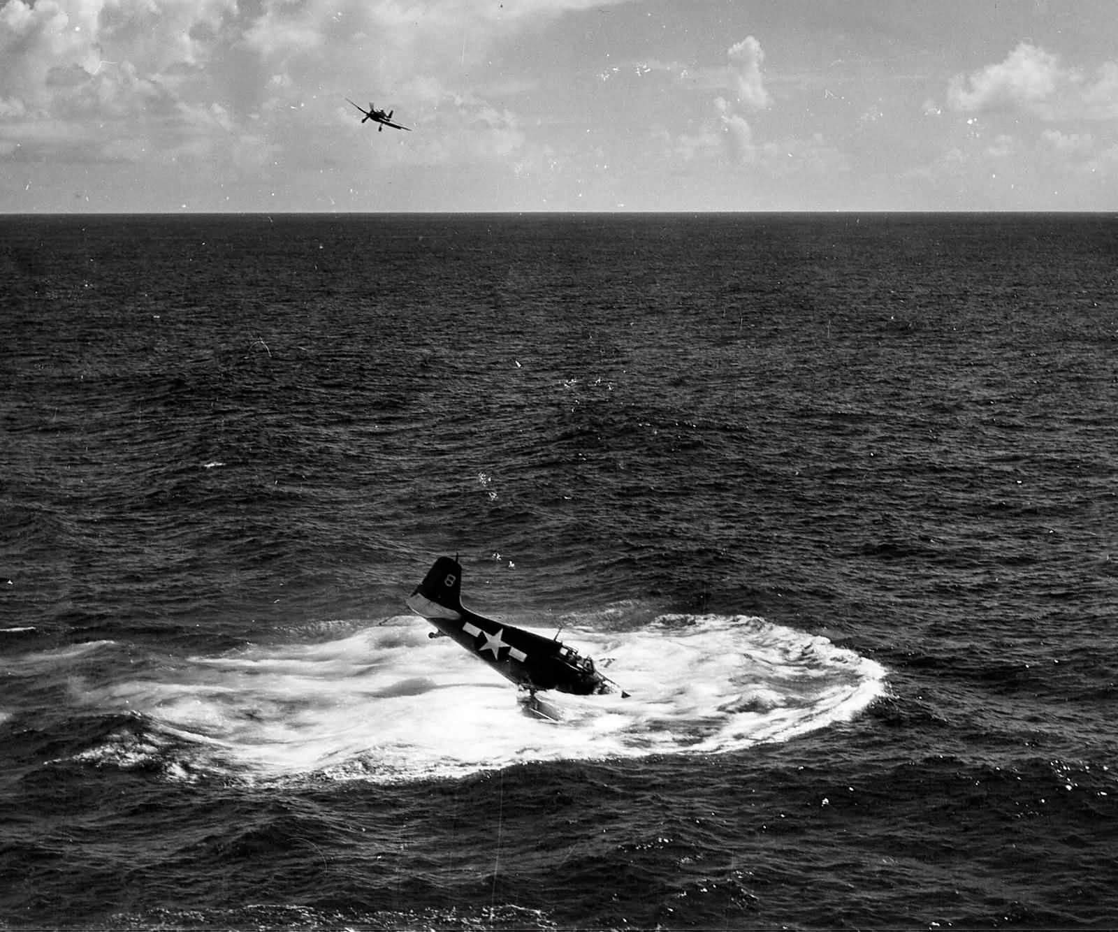 F6F Hellcat #8 of the VF-17, USS Hancock lands on water July 6, 1944 2