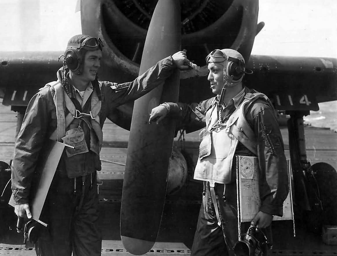 F6F Ace Pilots Coleman and Langdon of VF-83 aboard USS Essex (CV-9) 1945