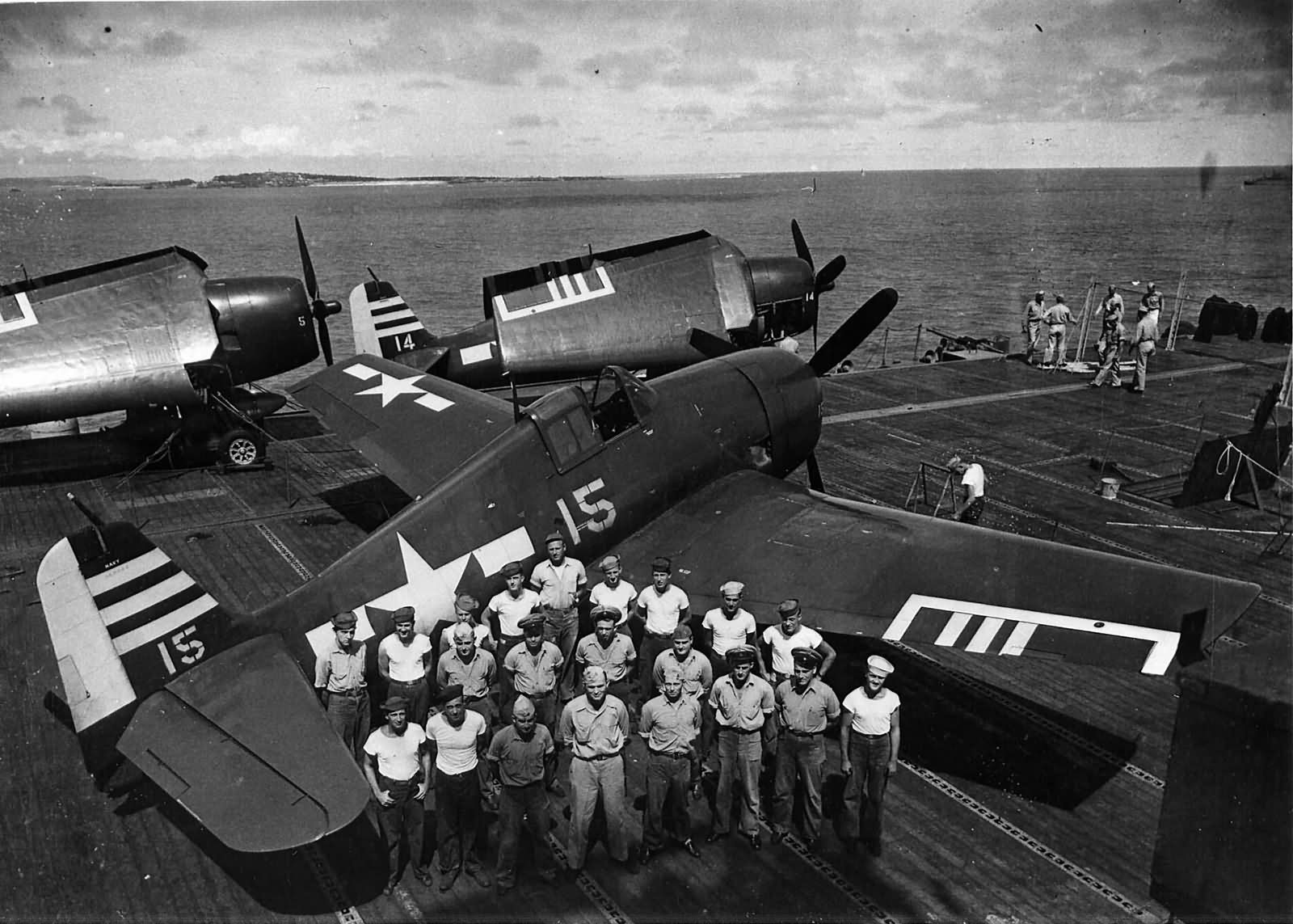 F6F Hellcat #15 of VF-32 on the deck of the light carrier USS Cabot CVL-28 September 19, 1945