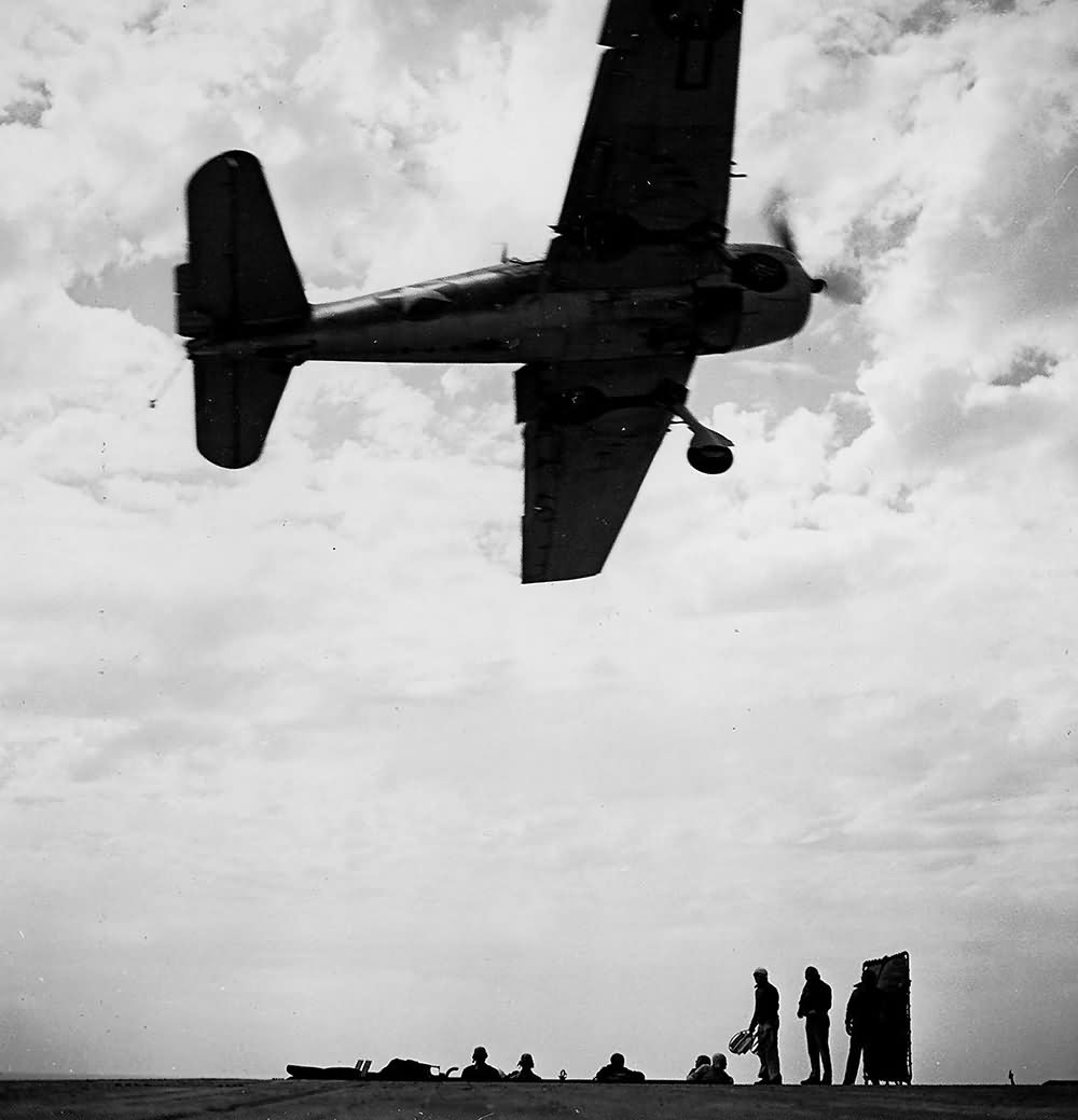 F6F Hellcat over board the auxiliary carrier USS Nassau (ACV)-16 1943