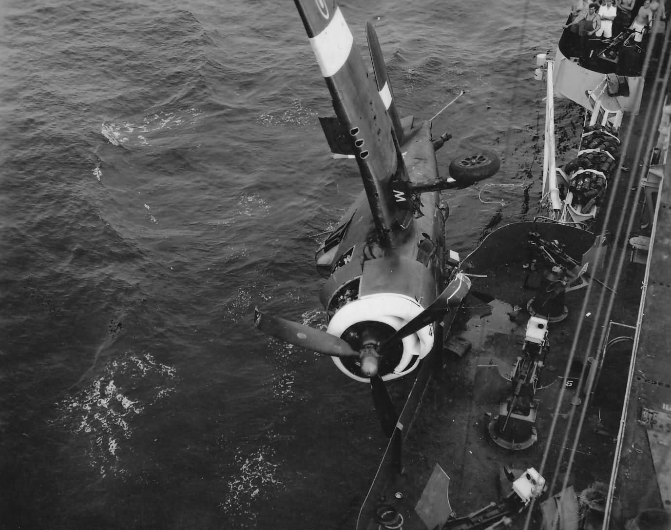 F6F of Fleet Air Arm Hellcat Mk II pushed overboard of HMS Ameer