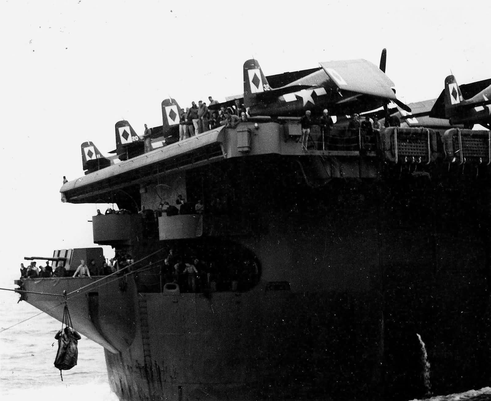 USS Langley CVL-27 March 1945 – tails of F6F Hellcats of VF-23