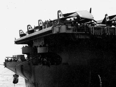 USS Langley CVL-27 March 1945 – tails of F6F Hellcats of VF-23