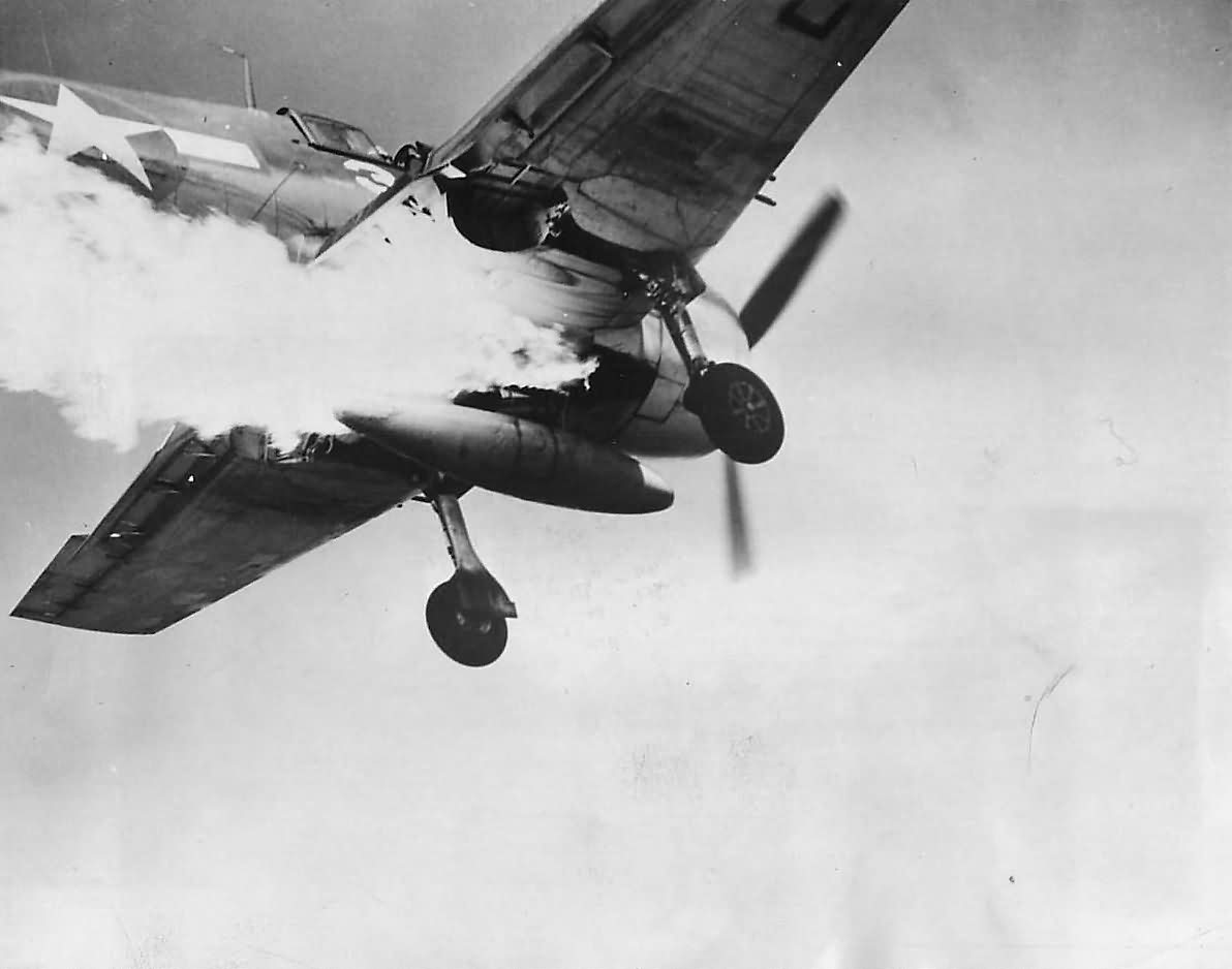 Lt. Magge Prepares to Land Burning F6F Hellcat on USS COWPENS 1944