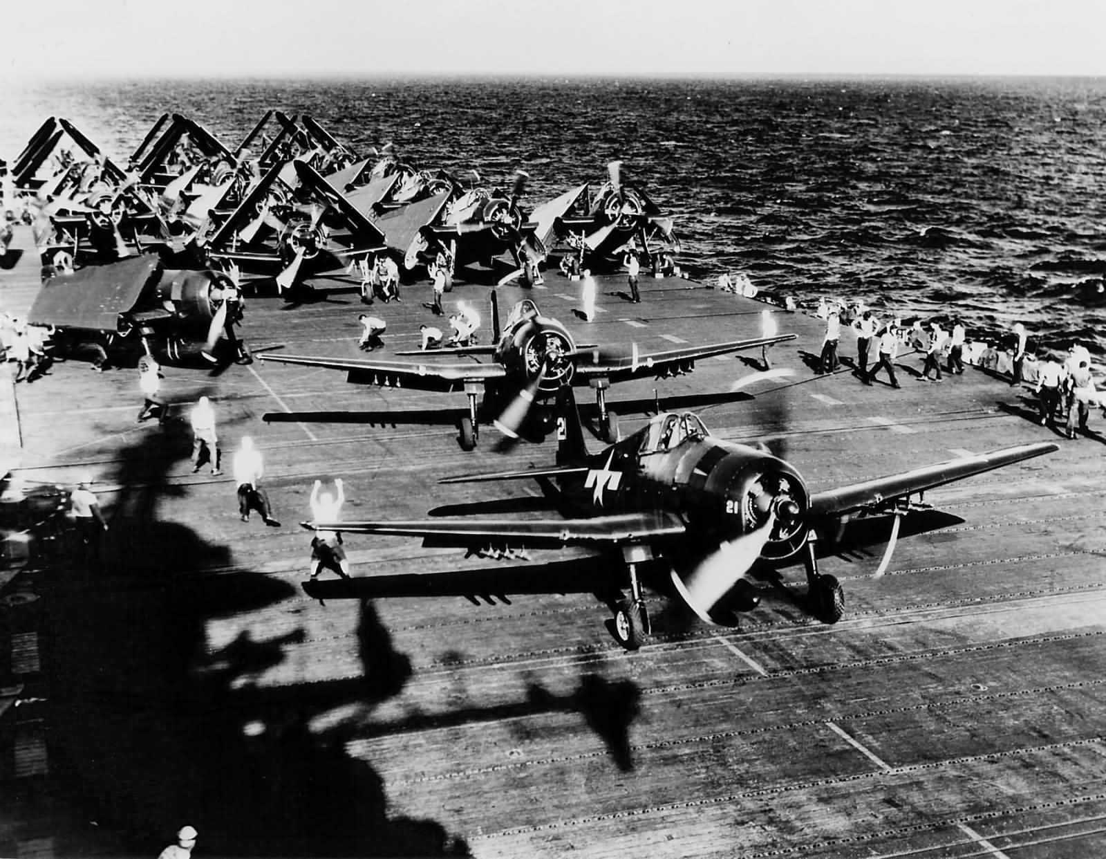 USS Antietam CV-36 F6F Hellcats of Air Group 89 ready for launch of April 17 1945