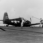 F6F-3 Hellcat #23 of VF-15 belly landing on the flight deck of the carrier Essex CV-9 May 23, 1944