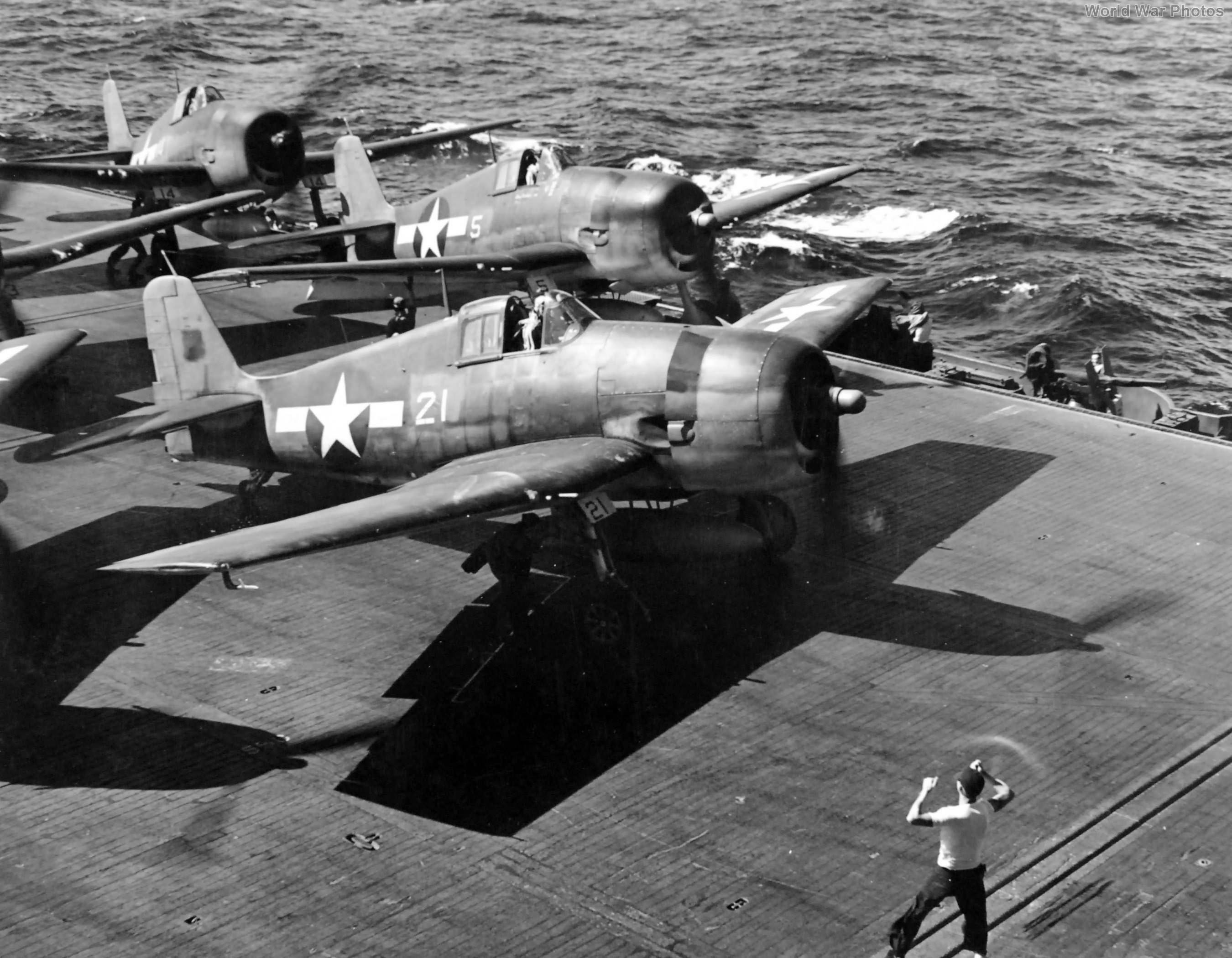 F6F-3 starting to taxi into position for take-off USS Saratoga 20 November 1943