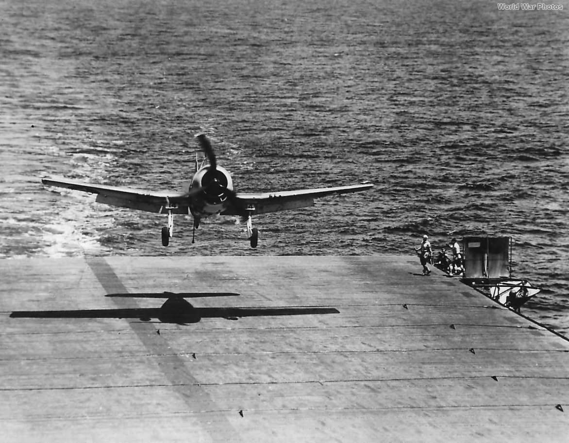 Hellcat lands on carrier upon return from Marcus Island ’44