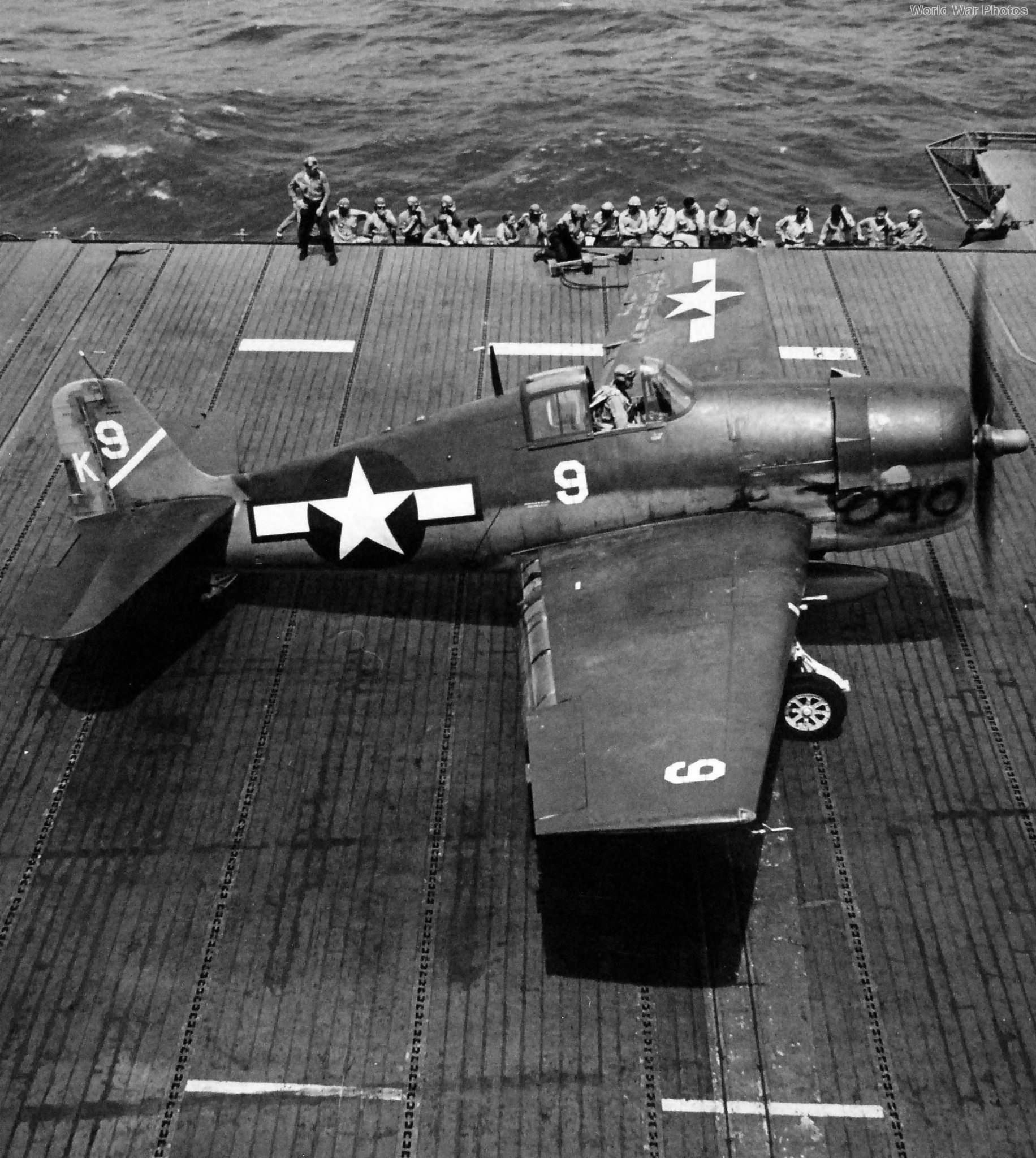 Lt Maseley in F6F 40090 ready to take off from USS Yorktown June 1944