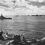 Ships of TF-58 and F6F-5 on deck of the USS Wasp 1945
