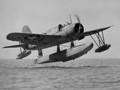 OS2U-1 floatplane moments for making a water landing