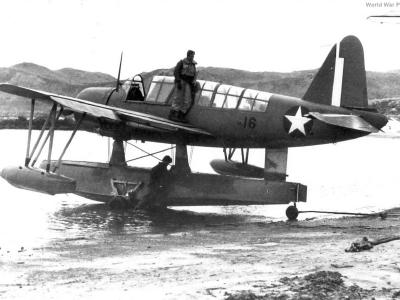 OS2U-3 is pulled ashore on a beach at Attu 3 June 1943