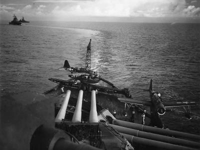 OS2U-3 on catapult aboard USS New Mexico off Guam 1944
