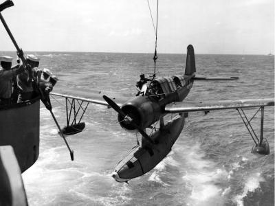 OS2U hoisted aboard USS Missouri
