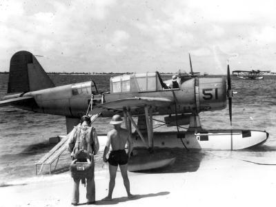 OS2U on the beach at NAS Pensacola awaiting the crew
