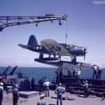 OS2U being hoisted aboard USS Missouri