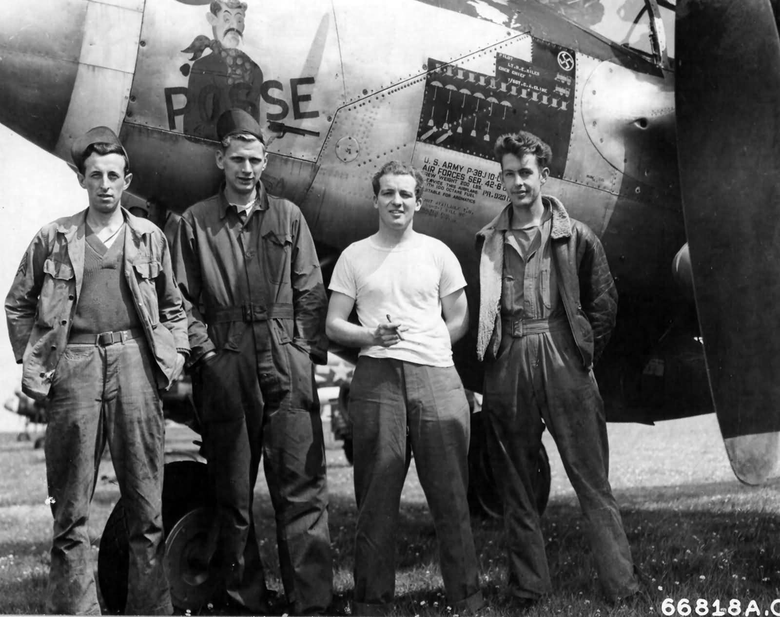 1Lt Robert Miles of the 55th FS 20th Fighter Group with his ground crew and P-38J Lightning 42-68010 code KI K