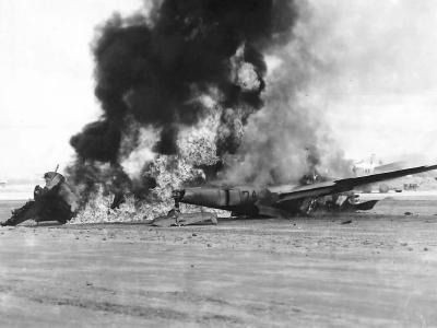 Burning P-38 Lightning after Head On Crash on Leyte