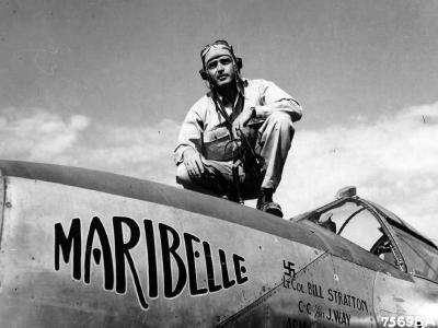LtCol William Stratton 1st FG Operations staff atop his P-38 Lightning named Maribelle