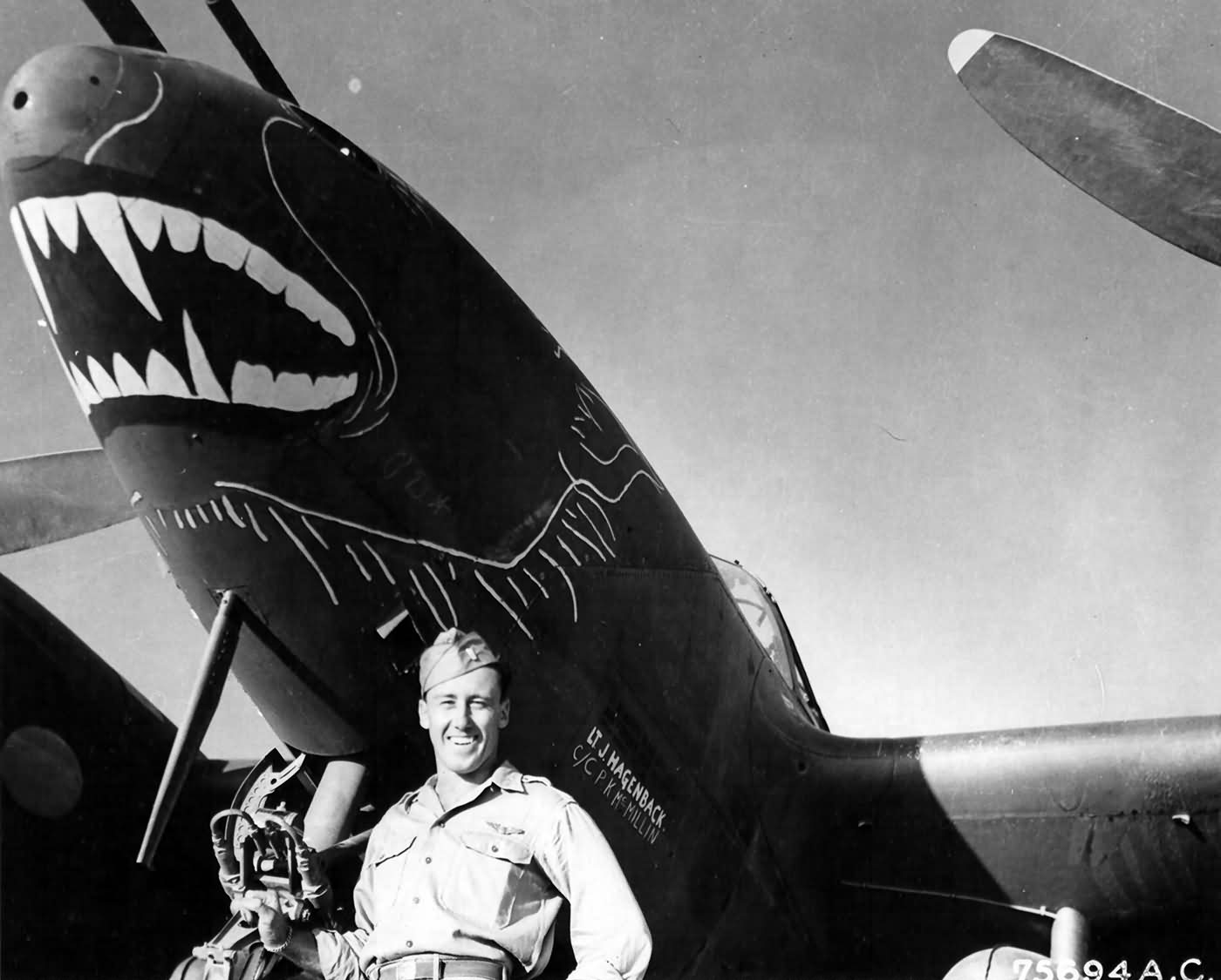 Lt James Hagenback of the 94th, FS 1st Fighter Group with his P-38 Bat Out Of Hell