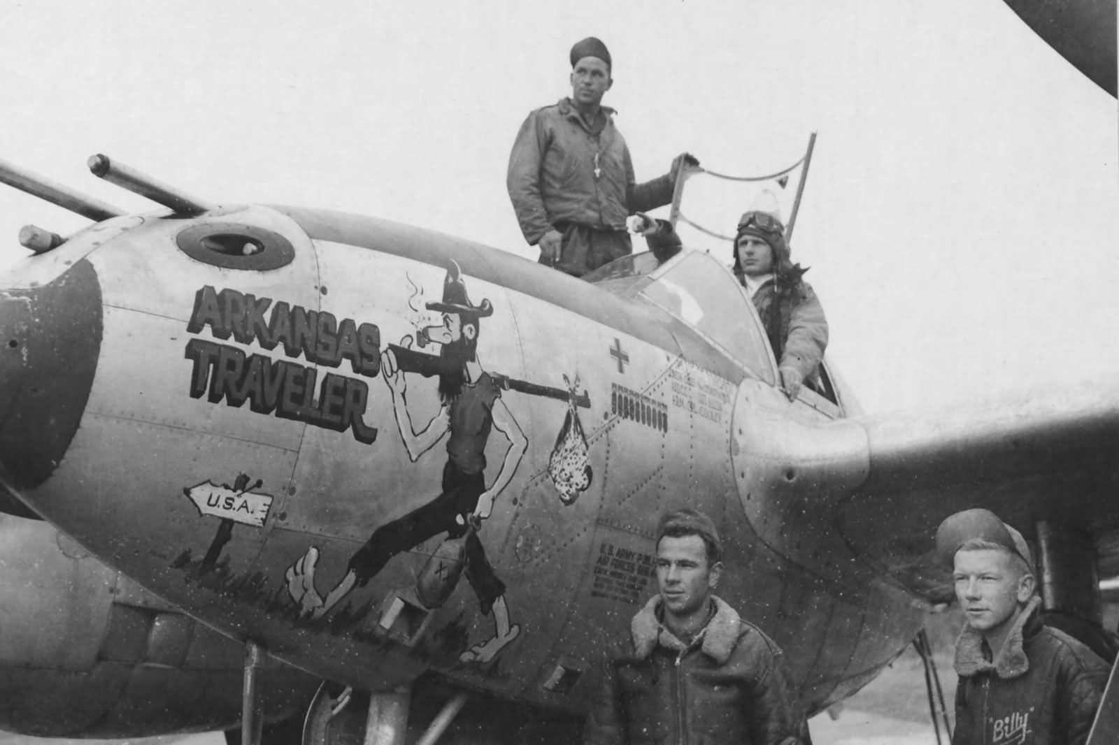 P 38J Lightning 44-23511 code H5-U Lt Fincher 367th FG Arkansas Traveler Nose Art