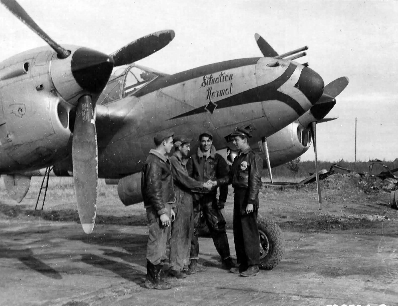 P-38 Lightning „Situation Normal” pilot 1Lt Ray Evans 393rd FS 367th FG at Clastres airfield A-71 France 7 October 1944