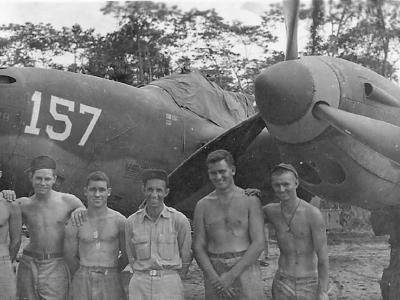 Pilots posed by P-38 of 475th FG with 3 Japanese Kills Recorded