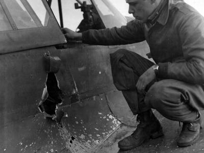 79th Fighter Group Based At Capodichino Italy pilot Examines his Damaged P-40