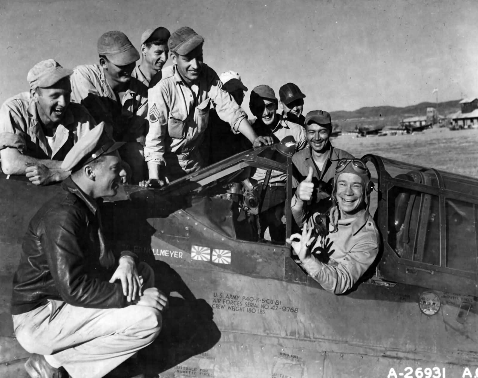 Comedian Joe E. Brown in cockpit of Maj Edward M. Nollmeyers P-40K 42-9768 Kunming 1943