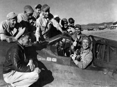 Comedian Joe E. Brown in cockpit of Maj Edward M. Nollmeyers P-40K 42-9768 Kunming 1943