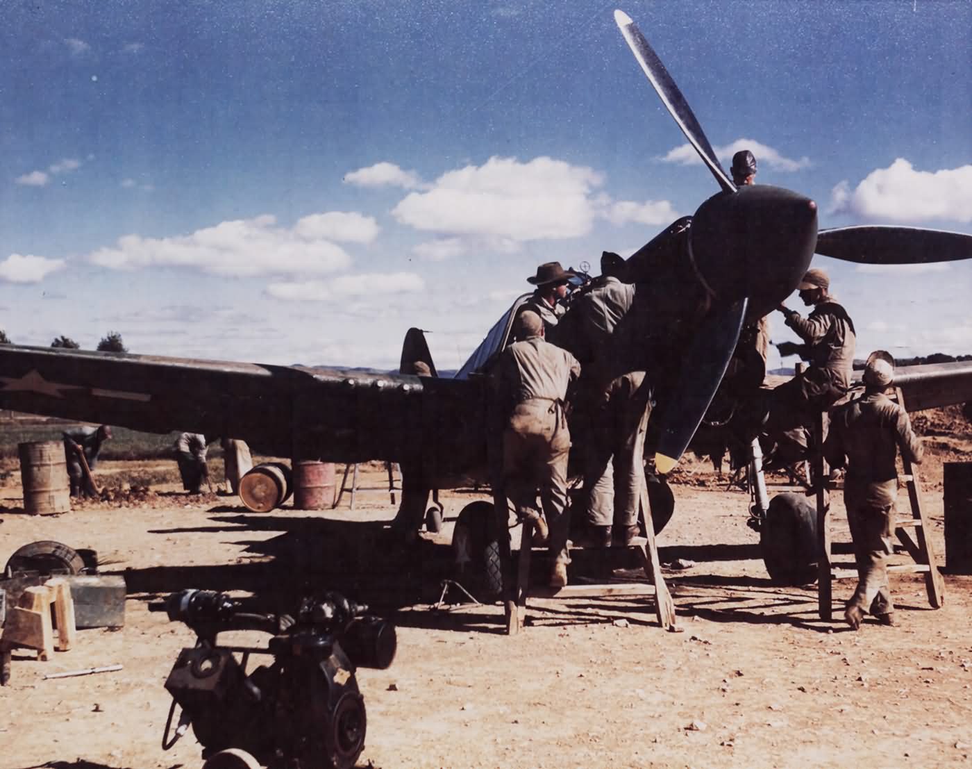 Ground Crew Checking Engine Of A Curtiss P-40 Of The 26Th Fighter Squadron