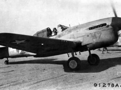 Maj Salisbury 57th Fighter Group warms up his Curtiss P-40 Warhawk prior to take off Burg El Arab North Africa