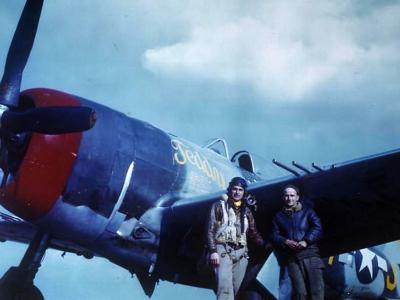Maj Mike Jackson of the 56th Fighter Group and his P-47 Thunderbolt – color photo
