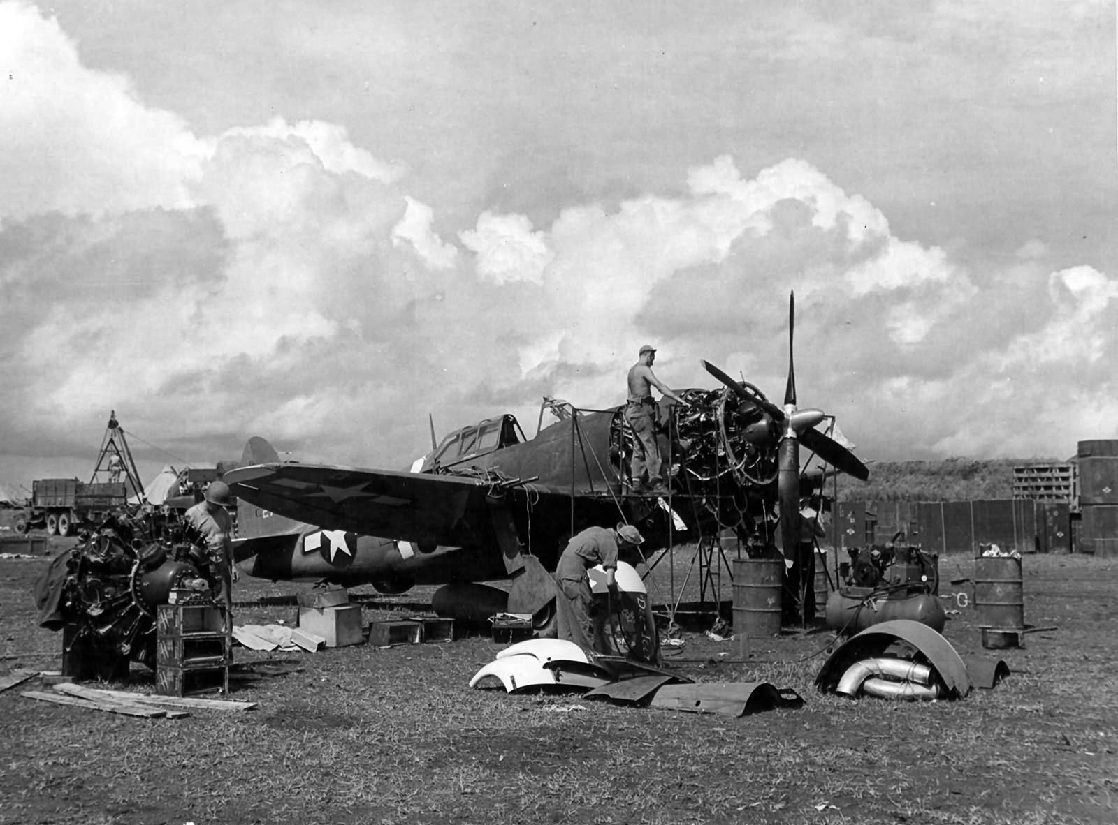 P-47D 42-75302 of the 73rd Fighter Squadron, 318th FG gets a field overhaul on Saipan