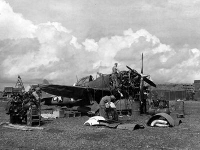 P-47D 42-75302 of the 73rd Fighter Squadron, 318th FG gets a field overhaul on Saipan