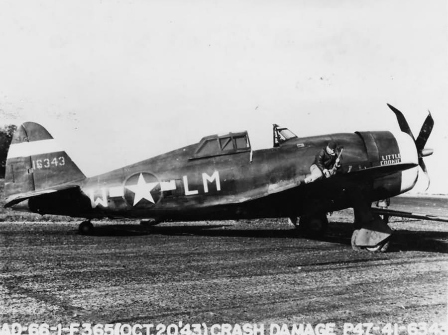 Damaged P-47C Thunderbolt LM-W 41-6343 „Little Cookie The Sad Sack” of the 56th Fighter Group