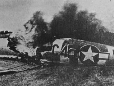 Burning P-47 Thunderbolt C4-Y 42-26407 of the 365th Fighter Group, 388th FS