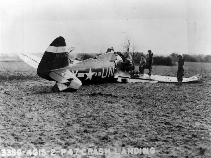 crashed P-47 Thunderbolt, UN-Y 41-6326 of the 56th Fighter Group pilot Lt Harold E Comstock – 3 March 1944
