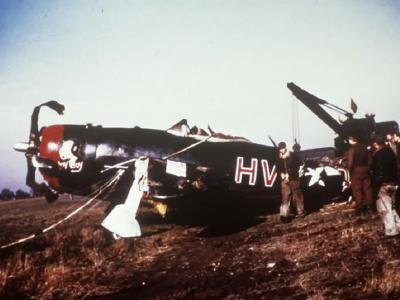 Damaged P-47M Thunderbolt 44-21197 HV-O named „Joy Boy” of the 56th Fighter Group