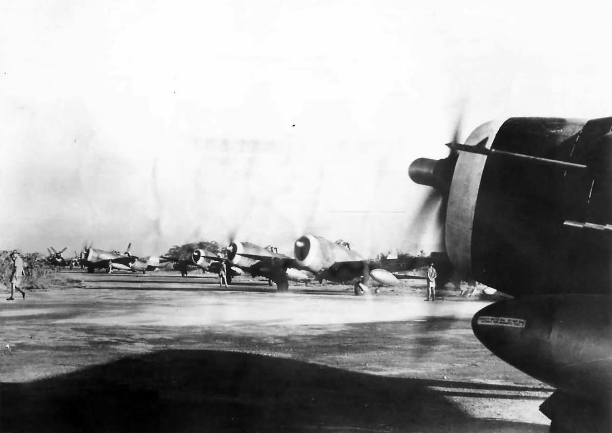 British P-47 Thunderbolts lined up on airfield in Burma 1944