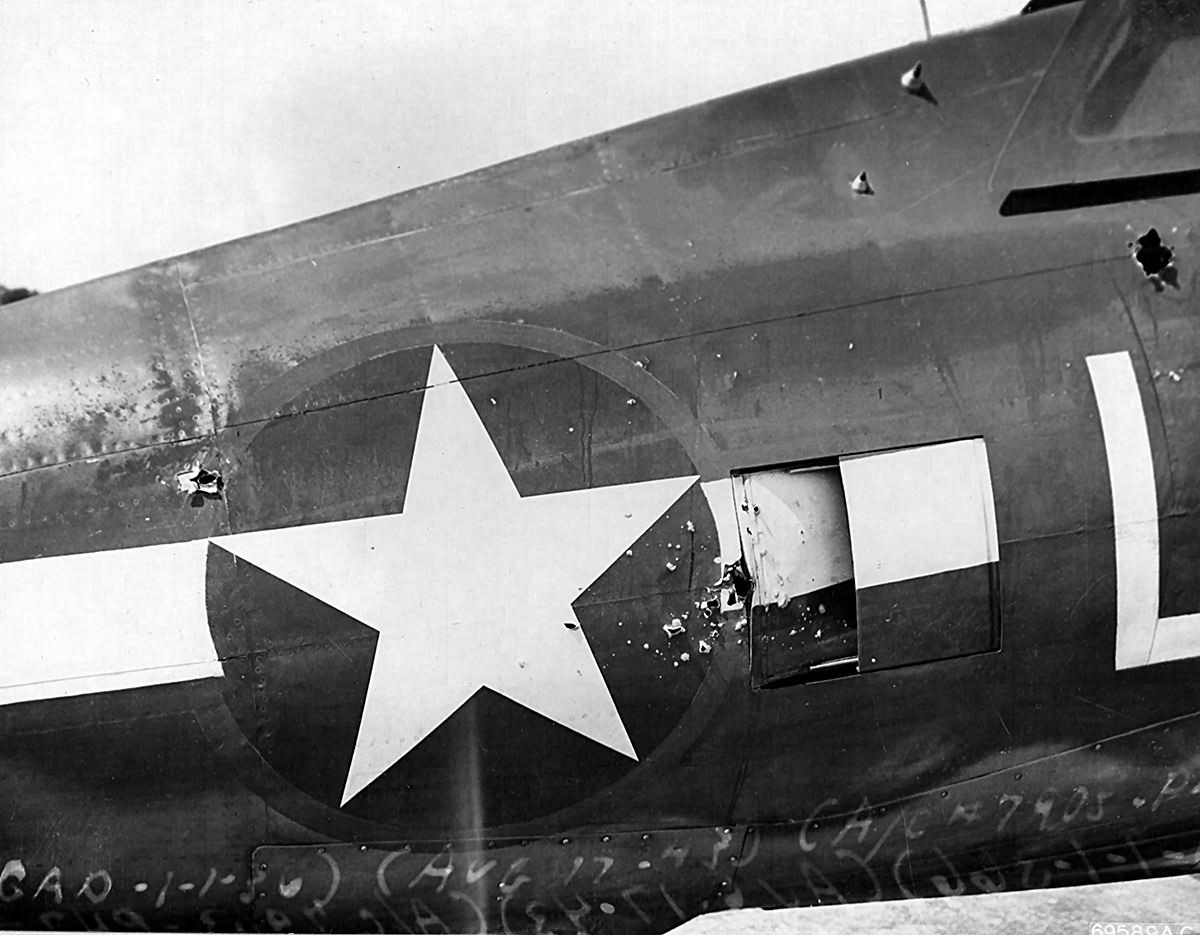 Damaged P-47D 42-7905 of the 350th Fighter Squadron, 353rd Fighter Group – 17 August 1943
