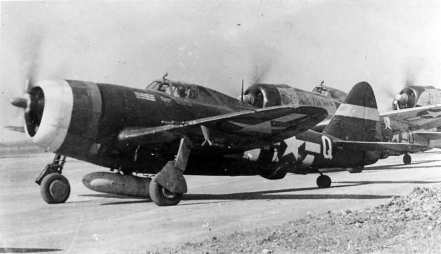 P-47 Thunderbolts of the 365th Fighter Group preparing to take off July 1944
