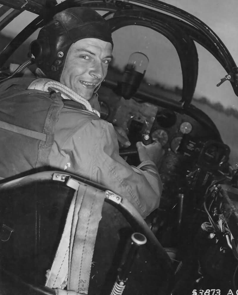 Lt Herman E Ernst pilot of the 9th AF P-61 Borrowed Time in the cockpit