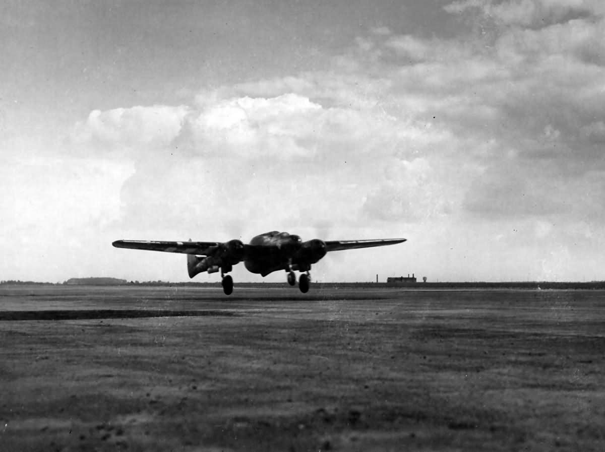 P-61 Black Widow of the 425th Night Fighter Squadron lifts off the runway at Coulommiers Airfield A-58 France