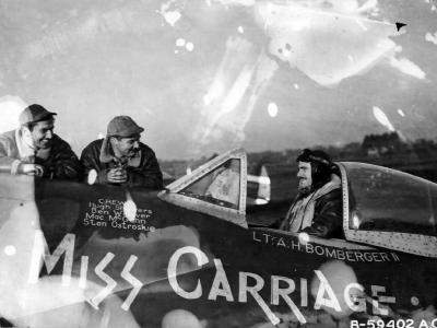 CAPT Amos Bomberger II of the 361st FS, 356th FG in the cockpit of his P-47D 42-26649 „Miss Carriage”