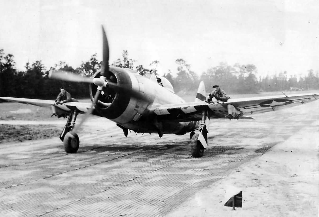 Lt Col. John Haesler prepares to take off in P-47 397th FS in France 1944