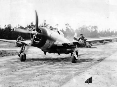 Lt Col. John Haesler prepares to take off in P-47 397th FS in France 1944